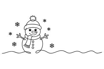 Cute Snowman One Line Drawing, Continuous Line Art Snowman with Snowflakes, vector, illustration. 