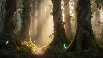 Obraz premium Sunlight filters through a dense forest, illuminating a path and creating an ethereal glow