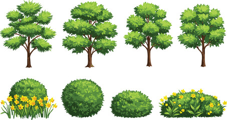 Eight cartoon-style green trees and shrubs, including some with yellow flowers, perfect for nature scenes, game assets, educational materials, landscaping, and digital art projects