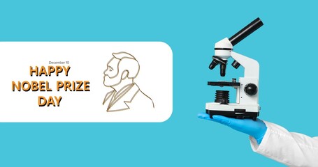Hand of scientist with microscope on blue background. Nobel Prize Day
