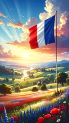 Scenic view of a vibrant landscape with a waving flag