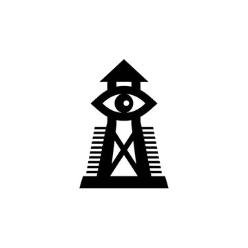 A stark, geometric, black and white illustration of a stylized eye-like structure with a pyramid-like top
