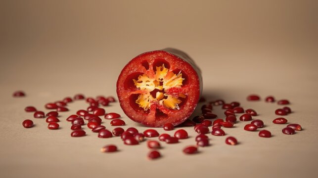 Sliced chiltepin pepper revealing seeds with scattered seeds on a neutral surface