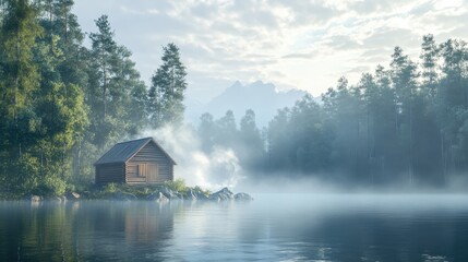 Obraz premium A dynamic depiction of a serene lake with a sauna cabin nearby, steam rising from the water.