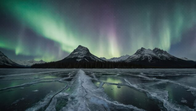 Spectacular aurora borealis display over snow-covered mountains and frozen lake at night - Powered by Adobe