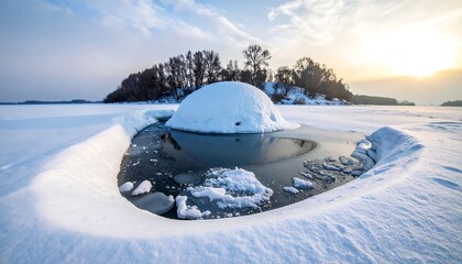 Scenic winter landscape with ice, snow, and a distant island