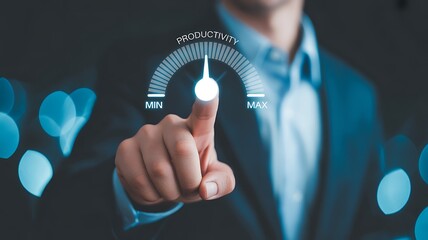 Increase productivity concept business man pointing at productivity gauge for maximum efficiency boost