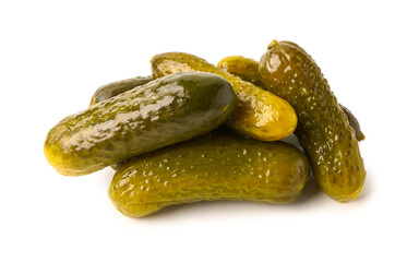 Heap of delicious fermented cucumbers on white background