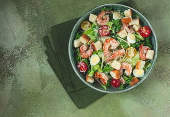 caesar salad, with tiger prawns, shrimp salad, lettuce, quail eggs, cherry tomatoes, parmesan cheese, no people,
