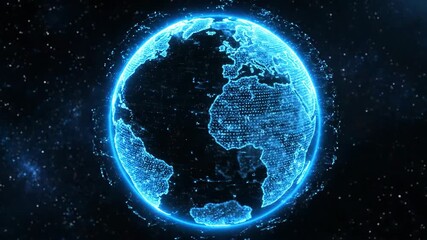 Digital Earth globe with glowing blue connections and points, set against a dark starry space background. - Powered by Adobe