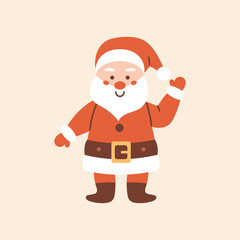 Vector illustration of cute Santa Claus with red suit and hat, with white beard, waving hand. Festive flat Christmas icon for holiday cards, invitations, greeting, decoration, and winter celebration.