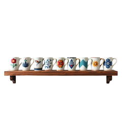 Photo of wooden shelf with holding ceramic mugs isolated on transparent background 