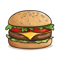 Cartoon hamburger illustration with lettuce, tomato, and cheese, flat vector style, white background
