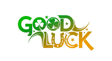 Naklejka premium Vibrant Good Luck text design featuring lucky clovers and horseshoe elements, perfect for celebratory and motivational projects wishing success and fortune