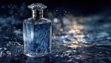 Glass perfume bottle amidst splashing water, dark background
