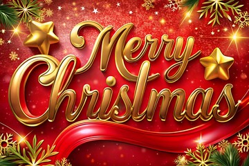 Golden merry christmas text with stars and snowflakes