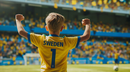 Sweden boy football soccer fans in a stadium supporting the national team, celebrating victory
