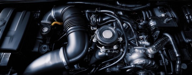 The Car Engine Close-Up Showing Modern Turbocharged Components and Sleek Metallic Detail