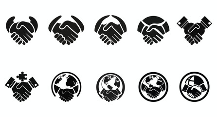 Handshake Icon Set Vector Business Partnership, Global Agreement, Teamwork, Collaboration, and Deal Symbols in Black Silhouette Style for Corporate Branding and Business Design Projects