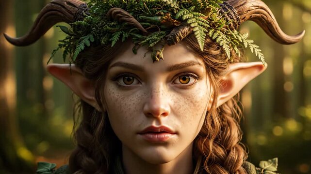 Enchanting forest elf with horns and leaf crown amidst sunlit woods