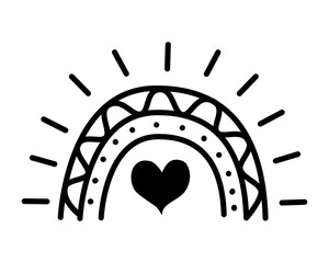 Boho rainbow with a central heart and sun rays, hand drawn, vector, black and white, bold linework, clean texture. Ideal for nursery art, kids room decor, valentine design, greeting cards, stickers