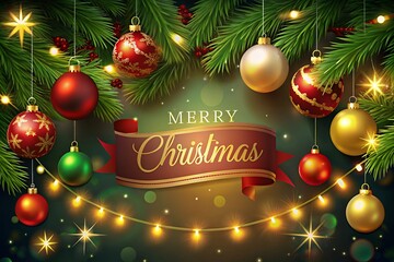 Festive christmas tree ornaments and twinkling lights with merry christmas banner