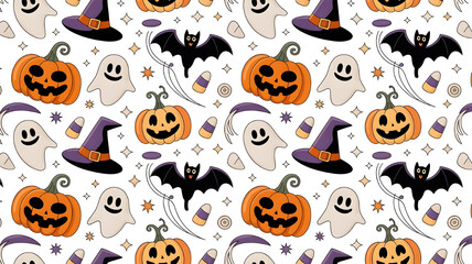 Obraz premium Halloween Pattern Pumpkin Ghost Bat Witch Hat Festive Backdrop