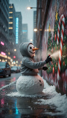 Snowman painting Christmas graffiti on city wall at night