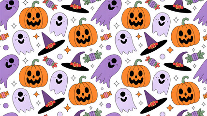 Fototapeta premium Halloween Pattern Pumpkin Ghost Witch Hat Candy Seamless Style