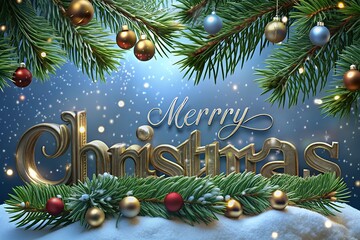 Golden merry christmas text surrounded by festive fir branches and snow