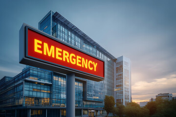 Obraz premium Modern hospital exterior with illuminated emergency sign in front of glass architecture building at dusk in healthcare district environment