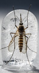 Mosquito frozen in ice block with air bubbles insect trapped