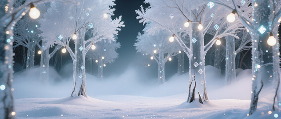 Enchanted winter forest with glowing lights and snow-covered trees