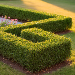 Geometrically trimmed green hedge in garden at sunset