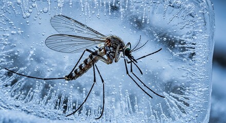 Mosquito frozen in ice with air bubbles and icicles insect cold