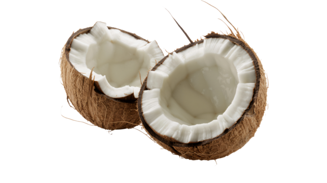 Freshly cracked open coconut halves, ready for tropical recipes and healthy snacks with natural sweetness for culinary creations and exotic island vibes