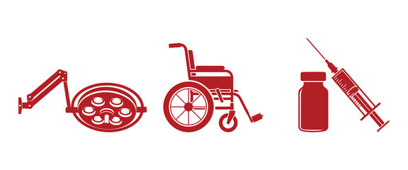 Surgical Lamp Wheelchair And Syringe Icons On White Background operating room light medical equipment