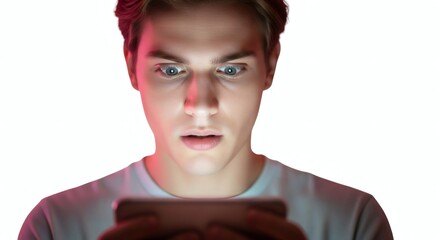 Young man with a shocked expression looking at his smartphone screen
