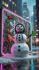 Smiling snowman in hoodie standing in festive snowy city street