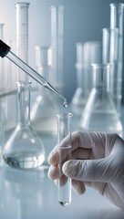 Scientist hand using pipette in laboratory with glass test tubes