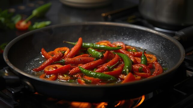 Red and green chili peppers sizzling in a pan on a gas stove burner flame