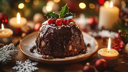 Delicious Christmas pudding with holly leaves and cranberries, surrounded by lit candles and festive decorations, creating a warm and inviting holiday atmosphere