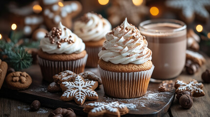 Close-up of Christmas desserts on café table with gingerbread cookies, festive cupcakes, whipped cream hot chocolate and cozy warm holiday lights, copy space for text