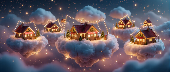 Cozy Christmas houses floating on glowing clouds at night