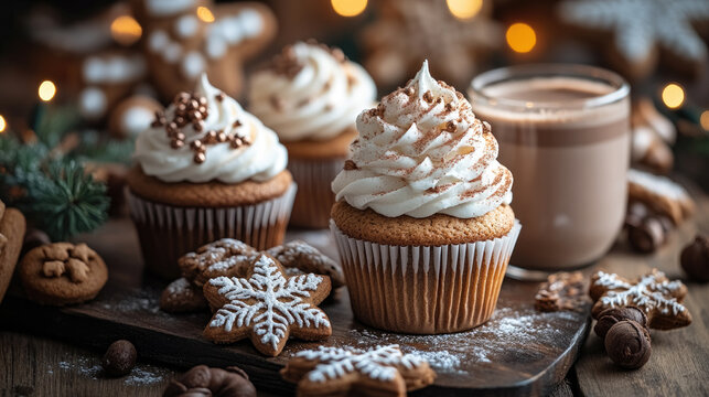 Close-up of Christmas desserts on café table with gingerbread cookies, festive cupcakes, whipped cream hot chocolate and cozy warm holiday lights, copy space for text