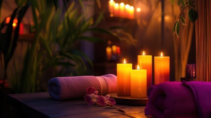 A vibrant display of scented candles and plush towels for a relaxing sauna-massage combo.