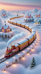 Christmas train traveling through snowy winter village at sunset