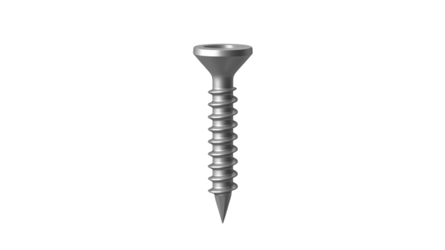 Detailed close-up of a silver screw, perfect for construction, woodworking, DIY projects, and design elements, ready to be used