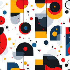 Abstract geometric pattern with triangles, circles, and squares in bold colors, seamless vector, white background
