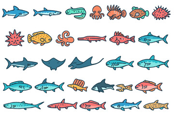 Colorful collection of marine life illustrations showcasing various fish and sea creatures